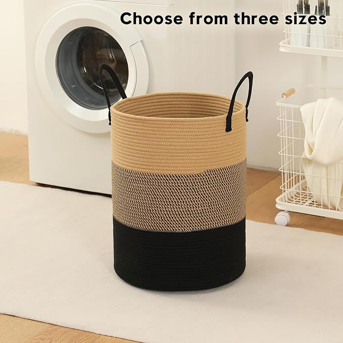 Laundry Basket Hamper Tall Rope Storage Woven for Blanket toys Dirty Clothes in Living Room Bathroom Bedroom (Jute Brown & Black, 100L/26.4Gal)