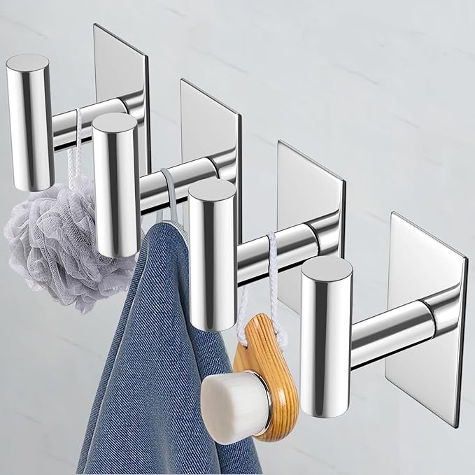 VAEHOLD Wall Towel Hooks, Heavy Duty Sticky Holder Waterproof Towel Hooks for Hanging Coat, Clothes, Closet Hook Wall Mount for Kitchen (Chrome, 2 Pack)