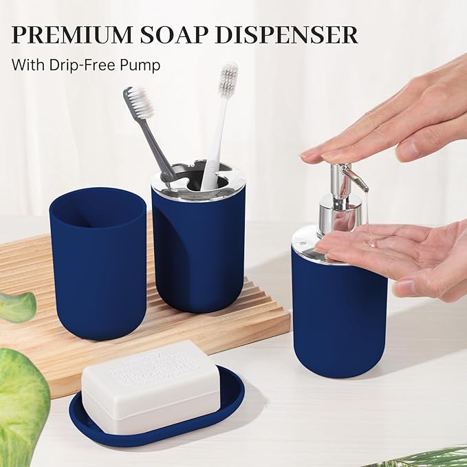 Bathroom Accessory Set, 4 Pcs Plastic Bathroom Set Include Soap Dispenser, Soap Dish, Toothbrush Holder, Mousewash Cup, Modern Bahtroom Décor Set, Space Save for Bathroom (Blue)
