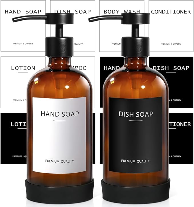 RYTOXILO Hand Soap Dispenser for Bathroom 2 Pack, Amber Glass Soap Dispenser with Stainless Steel Pump, 16.9 Fl oz Hand and Dish Soap Dispensers Set Kitchen, Modern Brown Soap Lotion Dispensers Bottle