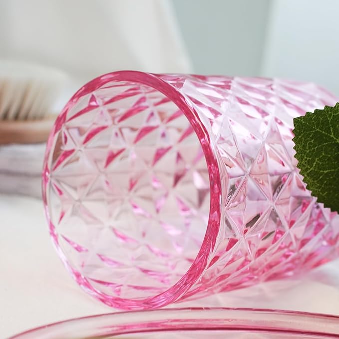 5PCS Bathroom Accessory Set,Pink Bathroom Countertop Organizer Set with Soap Dispenser, Toothbrush Holder, Tumbler, Q-tip Holder & Soap Dish,Elegant Functional Glass Set, Gift for Home & Apartment