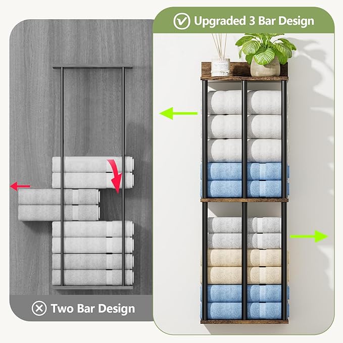 Towel Racks for Bathroom Wall Mounted with Shelf, Updated 3 Bar Bathroom Towel Holder Bath Storage Rack for Rolled Towel, Metal Small Bathrooms Towel Storage Rack, Rustic