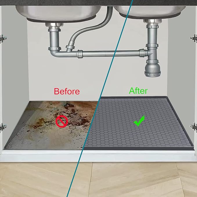 Under Sink Mat 25 x 19, Silicone Under Sink Mats for Kitchen Waterproof, Under Sink Liner, Easy to Clean Bathroom Cabinet Mat Organizers and Storage, Grey
