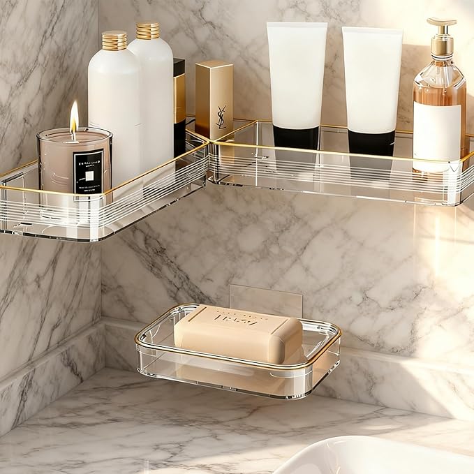 Corner Acrylic Shower Caddy, 2 Pack Shower Shelf Adhesive with 1 Pack Soap Dish, No Drilling Bathroom Organizer, Wall Shelves for Bathroom