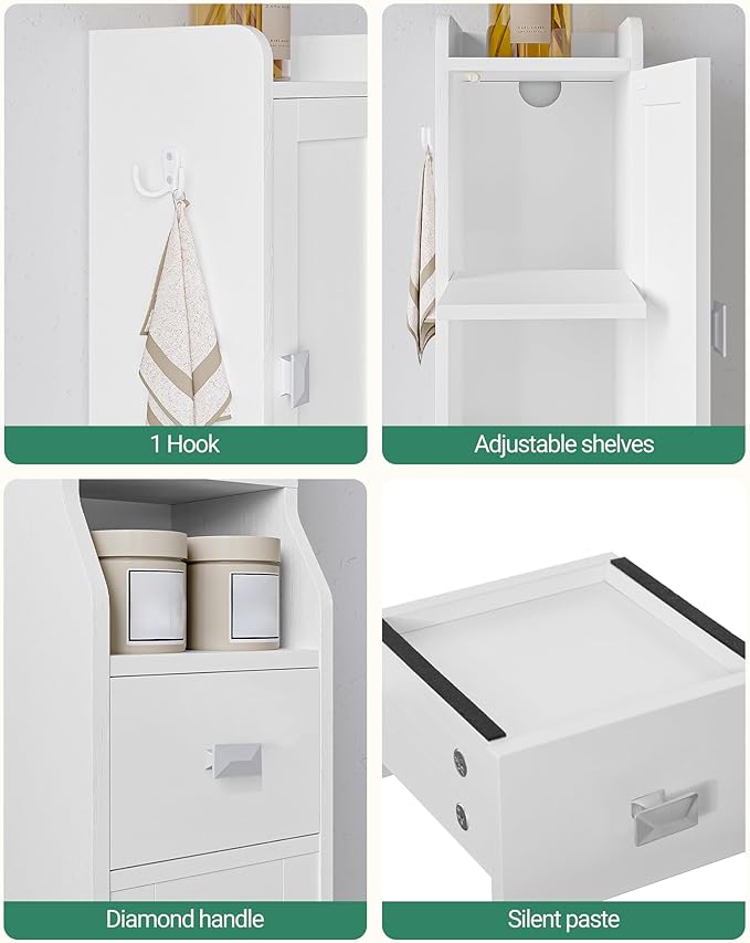 HEXCELEN Bathroom Storage Cabinet, Narrow Tall Bathroom Cabinet, Freestanding Floor Cabinets with 2 Doors and 1 Drawer, Toilets Organizer with Adjustable Shelf, 1 Hook for Small Spaces, White