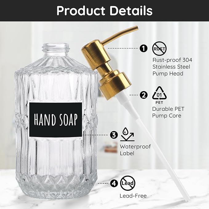 Segbeauty 15.2oz Glass Hand Soap Dispenser Bathroom, 2pcs Clear Glass Pump Dispensers for Countertop, 450ml Gel Lotion Liquid Bottles with Stainless Steel Pump, Body Wash Shampoo Conditioner Container