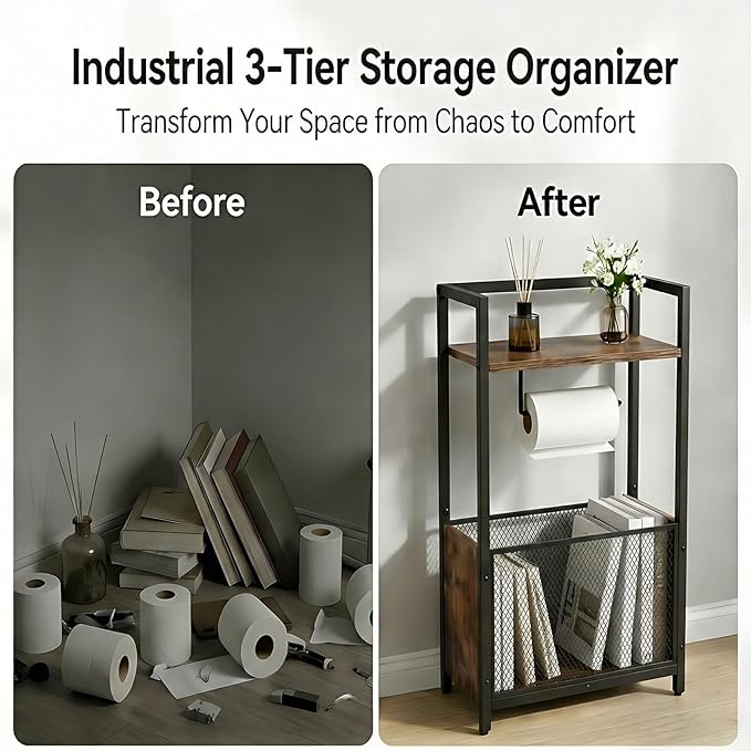 Toilet Paper Holder Free Standing, Black Toilet Paper Holder Stand, Freestanding Toilet Paper Holder for Bathroom Tissue Holder Roll Holder, Magazines, Wipes