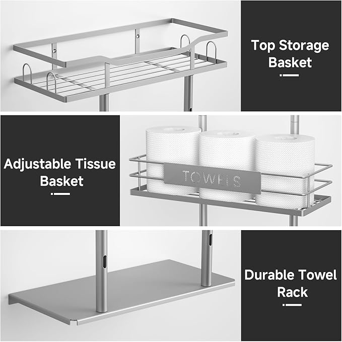 Towel Racks for Bathroom, 30inch Wall Mounted Towel Rack, Towel Storage for Small Bathroom Can Holds 6 Large Towels, Floating Shelf with Adjustable Tissue Basket(Sliver).