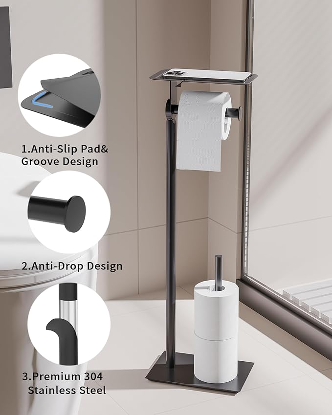 Toilet Paper Holder Stand, Free Standing Toilet Paper Holder with Shelf for Bathroom, Stainless Steel Toilet Paper Roll Holder with Storage, Reserve for 3 Rolls, Weighted Base(Matte Black)