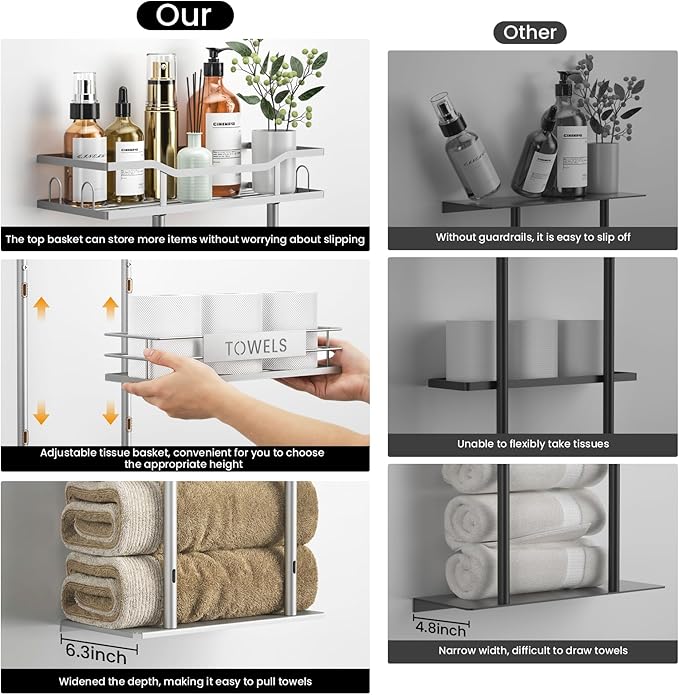 Towel Racks for Bathroom, 30inch Wall Mounted Towel Rack, Towel Storage for Small Bathroom Can Holds 6 Large Towels, Floating Shelf with Adjustable Tissue Basket(Sliver).