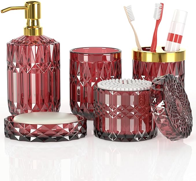 5Pcs Bathroom Accessories Set, Glass Soap Dispenser Set with Rust Proof Stainless Steel Pump, Soap Holder, Toothbrush Holder, Tumbler, Cotton Swab Jars, Red Bathroom Set Bathroom Decor Sets Gift