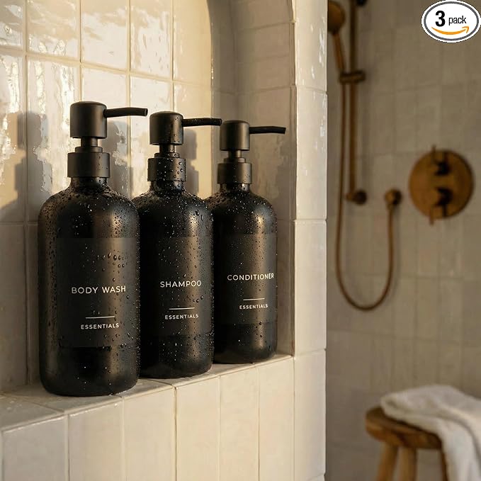 Stylish Shampoo and Conditioner Dispenser Set of 3 - Modern 21oz Shower Soap Bottles with Pump and Labels - Easy to Refill Body Wash Dispensers for an Instant Bathroom Decor Upgrade - Black