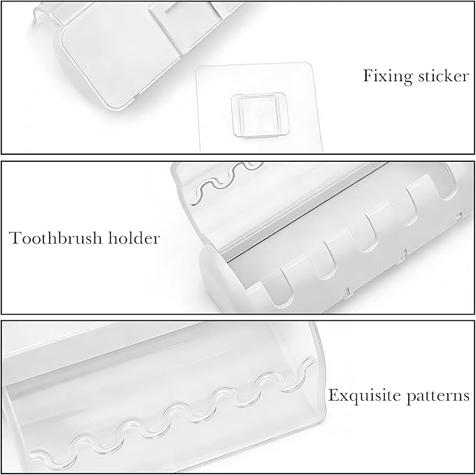 2 PCS Self Adhesive Toothbrush Holder with Cover for Bathroom, 5-Slot Wall Mounted Toothbrush Organizer Rack for Shower, Dorm, Cabinet (White)