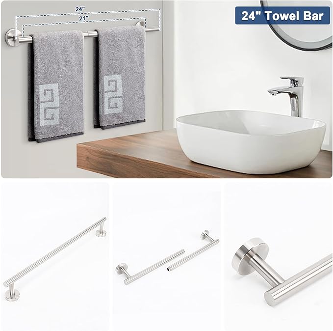 NearMoon 20 Pieces Bathroom Hardware Set SUS304 Thicken Stainless Steel-Towel Rack Kit Include 24" Towel Rod + Bath Towel Ring + Toilet Paper Holder + Robe Towel Hooks Bath Accessories (Nickel)
