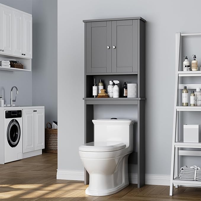 Over the Toilet Storage Cabinet, Bathroom Storage Cabinet Over Toilet with 2 Wood Doors, Freestanding Space Saver, Adjustable Shelf & Open Shelf, Grey