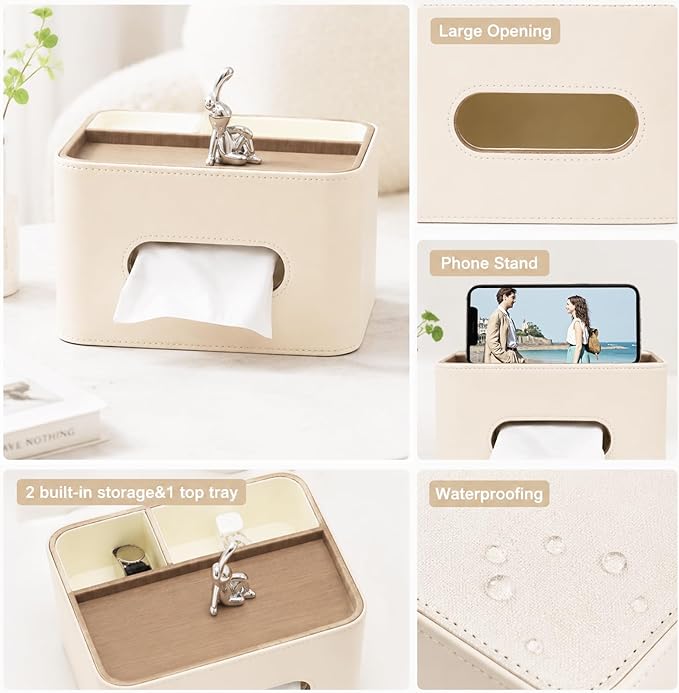 Tissue Box Cover Rectangle with Storage Organizer,PU Leather White Tissue Box Cover for Bathroom, Night Stands,Office Desk,Living Room, Decorative Tissue Holder,Compact Size for car Tissue Refills