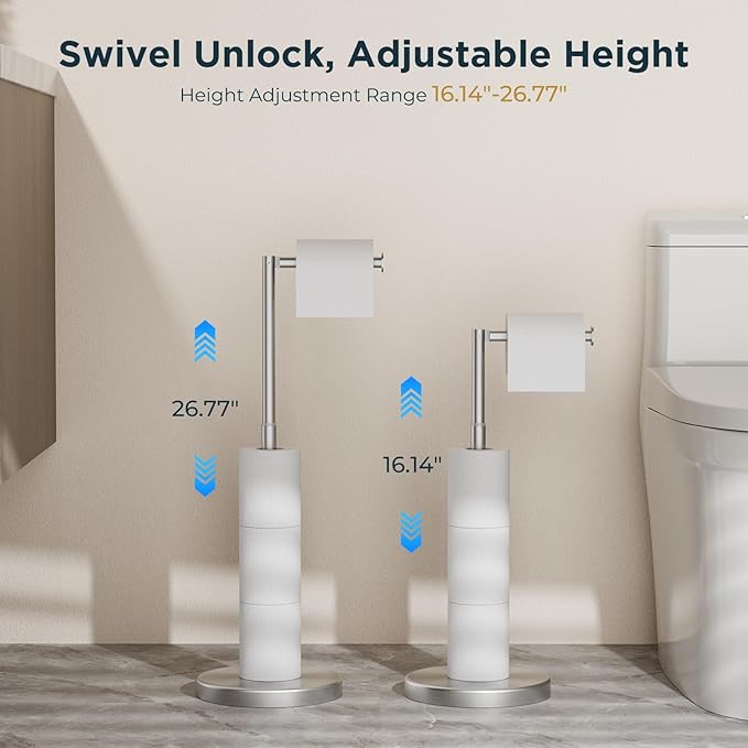 FORIOUS Toilet Paper Holder Stand Adjustable, Stainless Steel Freestanding Toilet Paper Holder with Storage, Bathroom Tissue Roll Stand Storage for 4 Rolls, Brushed Nickel