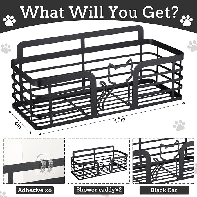 2 Pack Shower Caddy with Cat Black Metal Adhesive Shower Shelves Organizer Decorative Wall Mounted No Drilling Storage Shelf for Bathroom, Kitchen, Bedroom, Cats Lover Gifts