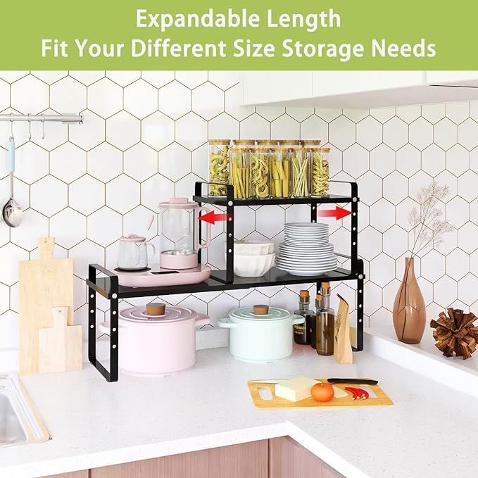 Across-Star Expandable Cabinet Shelf Organizer Rack, Stackable Kitchen Countertop Organizer Storage Shelves, Adjustable Height Pantry Counter Shelf Riser Spice Rack (Black, 2 Pack)