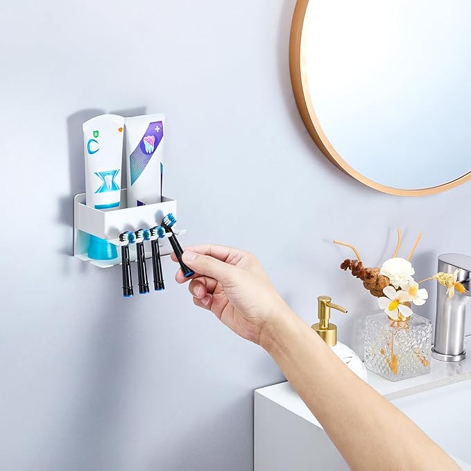 Toothbrush Head Holders, Electric Tooth Brush Head Holder, Adhesive Toothpaste Holder for Shower Bathrooms, Wall Mounted Tooth Brushing Holder Organizer Storage (White, Small)