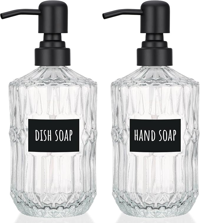 Segbeauty 15.2oz Glass Soap Dispenser Refillable, 2pcs Empty Bathroom Hand Soap Dispenser with Stainless Steel Pump, 450ml Clear Lotion Pump Bottle with Labels, Vintage Shampoo and Conditioner Bottle