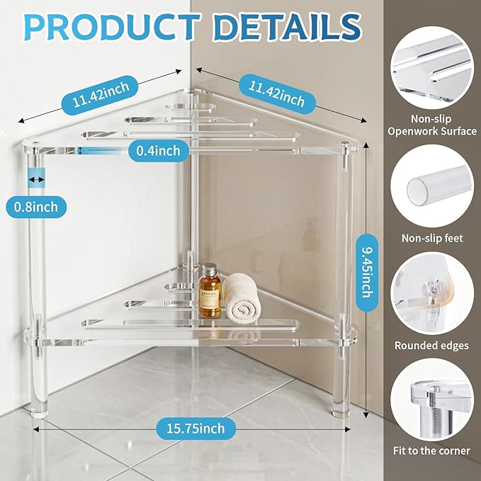 Acrylic Corner Shower Stool for Shaving Legs - Clear Triangle Shower Stool with 2-Tier Storage Shelf - Modern Bathroom Step Stool - Includes 1 Bath Sponge & 2 Shower Loofahs for Exfoliation