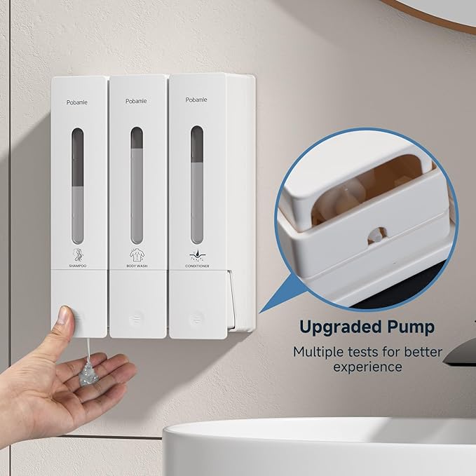 1984 Shower Soap Dispenser Bathroom Set Shampoo Conditioner Body Wash Dispenser Wall Mounted Shower Shampoo Dispenser 3 Chamber No Drill for Home Star Hotel 3 x 400ml White