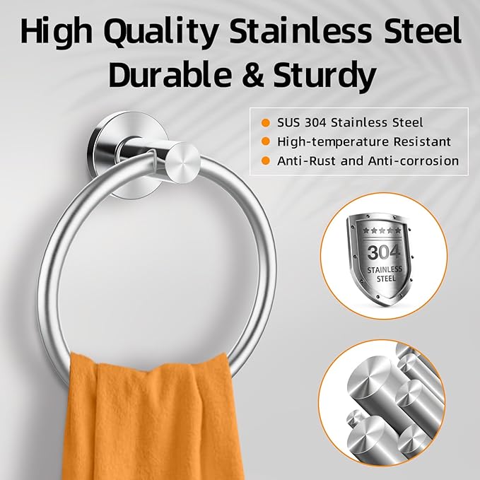 Brushed Silver Towel Ring, SUS304 Stainless Steel Hand Towel Holder for Bathroom Kitchen, Modern Style Towel Hanger, Thicken Ring Towel Holder, Towel Rack Round Wall Mounted (1, Brushed Silver)