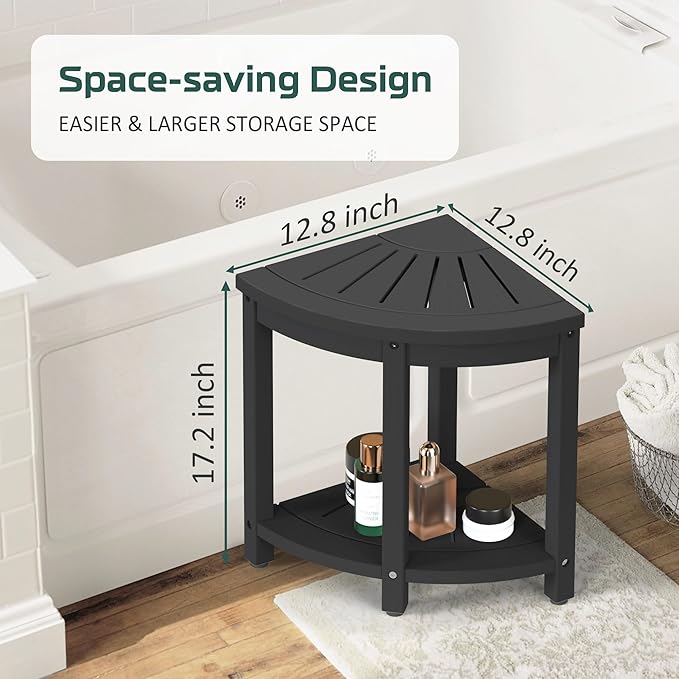 Waterproof Corner Shower Stool for Inside Shower, Poly Lumber Shower Bench Seat Chair, Bath Shower Stool for Shaving Legs Foot Rest with Storage Shelf, Adjustable & Non-Slip Feet, Black