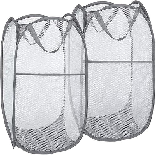 2 Pack Pop Up Laundry Hampers, Collapsible Mesh Laundry Basket, Foldable Clothes Hampers for Bathroom, College Dorm, Travel (Grey)