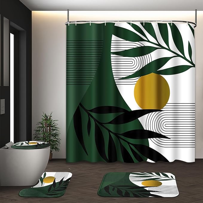 Boho Olive Green and Gold Shower Curtain Set with Toilet Lid Cover and Non-Slip Rugs, Mid Century Modern Abstract Minimalist Leaves Neutral 4 Pcs Shower Curtain for Bathroom Set with 12 Hooks