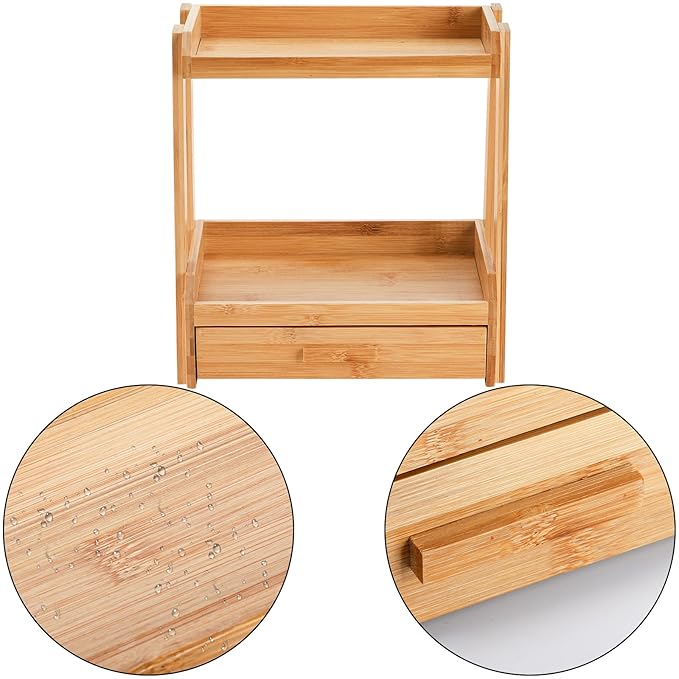 Lyellfe 2 Tier Bamboo Makeup Organizer, Bathroom Counter Organizer with Drawer, Multi-purpose Cosmetic Perfume Display Stand for Skincare, Lipstick, Jewelry, Brush, Easy Assembly