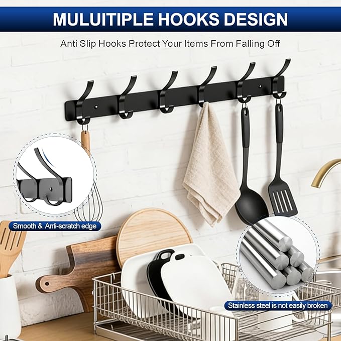 2-Pack Wall Mounted Coat Rack with 6 Hooks, Rustproof Aluminum Heavy Duty Coat Hooks for Wall, Space-Saving Organizer for Coats, Hats, Towels, Entryway and Bathroom, Black