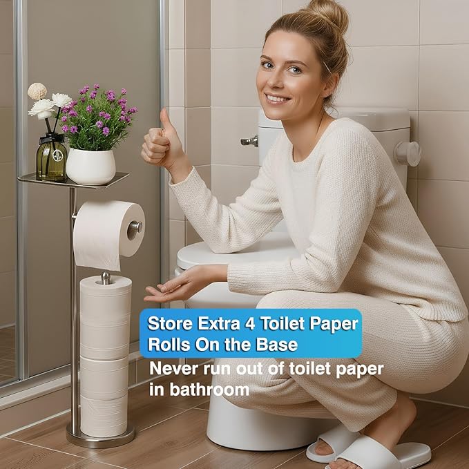 Toilet Paper Holder with Shelf, Freestanding Tissue Paper Stand with Storage Space for Extra 4 Toilet Paper Rolls (Stainless Steel Base, Brushed Nickel)