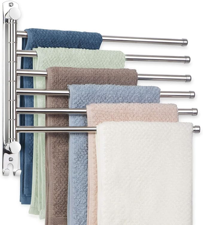 Towel Rack Wall Mounted JSVER Bathroom Towel Rack, Space Saving Towel Holder, 13.4 Inches Swivel SUS304 Stainless Steel Towel Bar, 180° Rotation 6 Arms Towel Racks for Bathroom