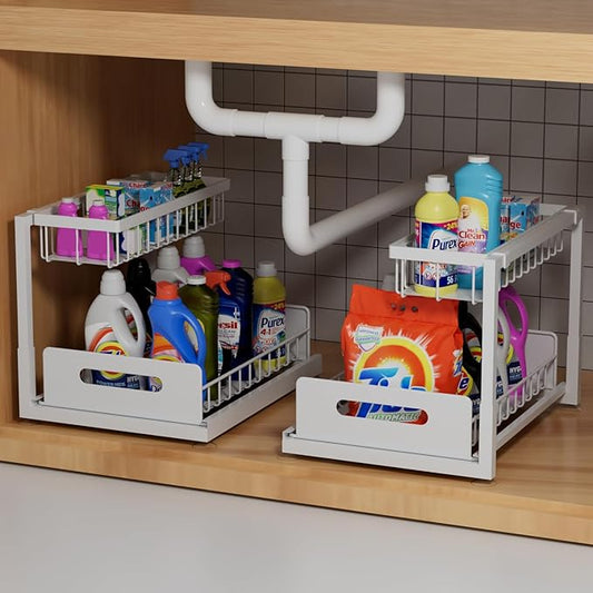 2-Tier Under Sink Slide Out Organizer, 2 Pack Pull Out Cabinet Storage Shelf with Sliding Wire Basket Drawer for Bathroom Kitchen, Countertop or Pantry Shelf, White