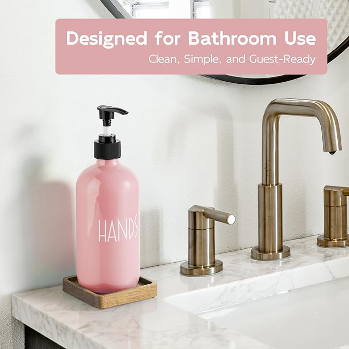 Pink Glass Hand Soap Dispenser with Acacia Wood Tray, 16 oz Refillable Hand Soap Pump Bottle, Decorative Countertop Soap Dispenser Set for Kitchen, Bathroom, Restaurant