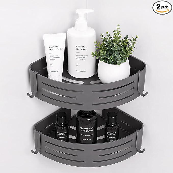 Adhesive Corner Shower Caddy, Bathroom Shower Organizer with Hooks, No Drilling 2-Tier Bathroom Corner Shelves, Bathroom Organiser for Bathrooms Storage (Aluminum, 2-Pack, Gunmetal Grey)