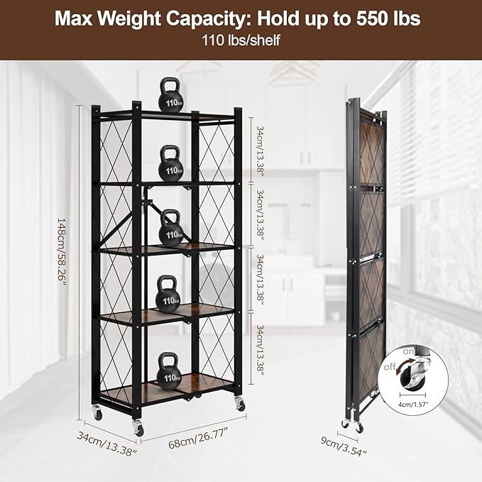 5 Tier Folding Shelf with Wheels, Wood and Metal Bookshelf, no Assembly Foldable Storage Shelves, Vintage Storage Rack for Living Room, Bedroom, and Home Office