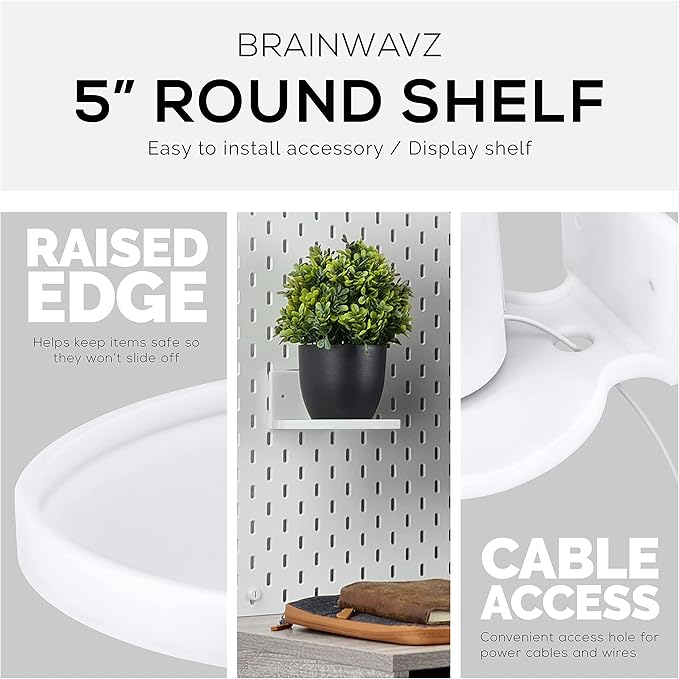 BRAINWAVZ 5” Round Floating Shelf Mount for Security Cameras Baby Monitors Speakers Plants Toys & More Universal Holder Stick-On Or Screw Mount, Easy to Install (White)