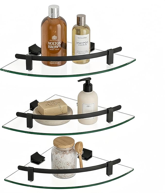 Glass Corner Shelf for Bathroom Corner Shelf, 3 Pack Tempered Glass Shelf with Black Metal Rails，Suitable for Bathroom
