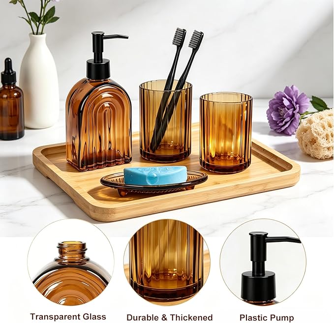 Glass Bathroom Accessories Set,13.5oz 4 Pcs Liquid Arch Design Hand Soap Dispenser Set with Stripe Toothbrush Holder, Mouthwash Cup, Soap Dish for Bathroom(Amber)