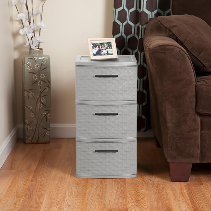 Sterilite 8 Pack 3 Drawer Storage Tower, Plastic Weave Medium Organizer, Cement - Lightweight Opaque Container for Bedrooms, Closets, or Bathrooms