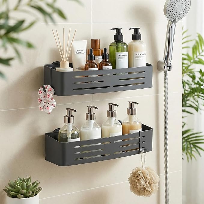 2 Pack Shower Caddy Suction Cup, Shower Shelves with 4 Hooks Rust-Proof Aluminum Alloy,Large Capacity No drilling required Removable Bathroom Storage Rack for Shampoo, Shower Gel, Razors