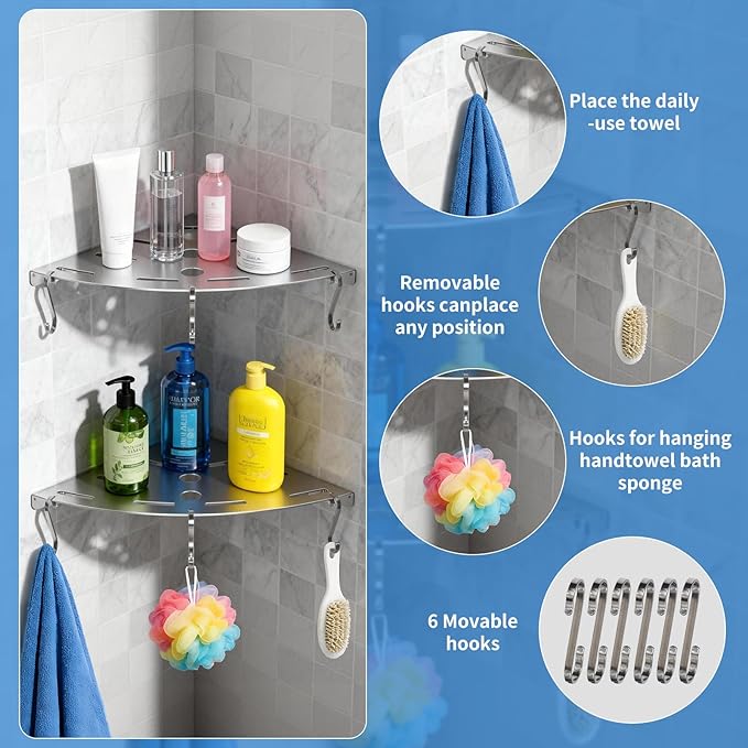 2 Pack Corner Shower Shelves, 304 Stainless Steel Corner Shelf Bathroom with 6 Hooks 40 lbs Heavy Duty, Durable for Inside Shower Brushed Nickel Drilling Installation (Silver)