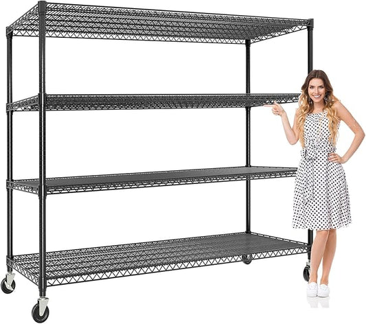 4-Tier Tall Steel Wire Shelving Unit with Wheels, Heavy Duty Storage Rack,2640 Lbs Capacity, Adjustable Industrial Shelves for Garage, Workshop, or Warehouse