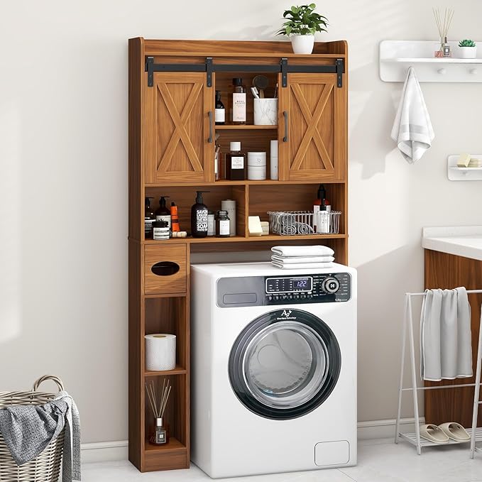 Vabches Over The Toilet Storage Cabinet, Farmhouse Storage Cabinet Over Toilet with Sliding Doors，Home Space-Saving Toilet Rack, for Restroom, Bathroom, Laundry,Caramel