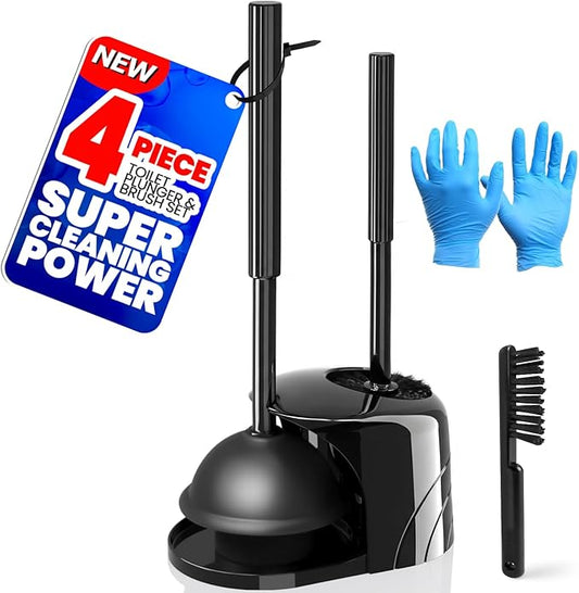 4-Piece Toilet Brush and Plunger Set, Extended Handle Plunger,Toilet Bowl Brush Plunger Set,Bathroom Cleaning Tools,Cleaning Brush,Cleaning Supplies,Toilet Brush Plunger Combo,Black（20inch）