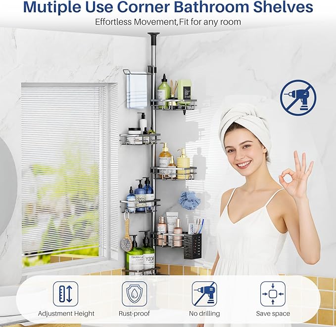 Corner Shower Caddy Organizer Tension Pole, Adjustable 6 Shower Shelves Corner Shelf 30-120Inch Rustproof Shower Rack for Inside Shower, Extra Towel Bar Soap Dish Bathroom Organizers and Storage Gray