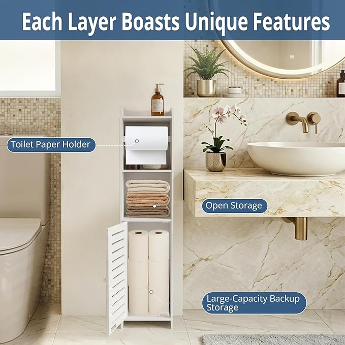 BorealBear Slim Bathroom Cabinet with Toilet Paper Holder Spindle, Fits Mega & Super Mega Rolls, Narrow Freestanding Floor Cabinet with Door and Shelves, Anti-Tip Wall Anchor Included